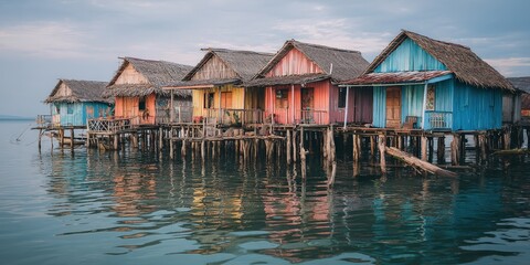 Fototapeta premium Vibrant waterfront homes on stilts reflecting in calm water.