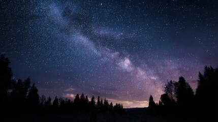 Night sky filled with stars and the Milky Way galaxy over a dark forest landscape, creating a serene and breathtaking view of the cosmos and nature combined