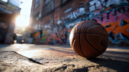 Gritty basketball sits alone on urban street court, backed by vivid graffiti wall. Worn basketball and rough asphalt evoke energy and authenticity of street sports culture. Street and sport concept