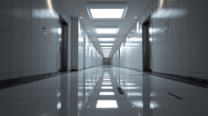 Modern corridor with polished floors and bright ceiling lights, featuring elevator doors on either side, creating a spacious and inviting atmosphere for visitors and guests