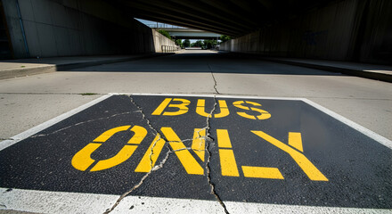 Bus Only lane marking on asphalt with cracks under a bridge in urban area