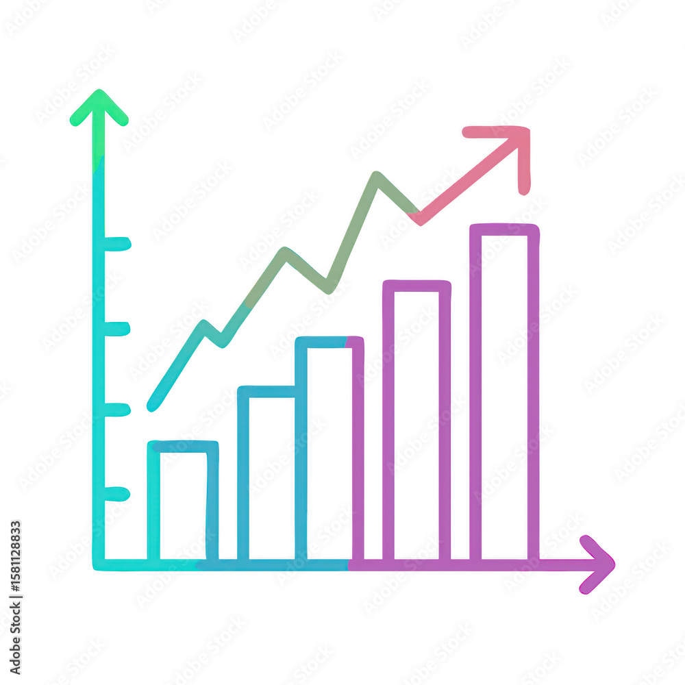 Poster colorful bar chart and line graph showing upward trend isolated on transparent background