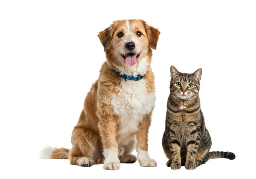 Happy light brown and white shaggy dog with blue collar, tongue out, sits beside a sleek brown tabby cat with green eyes, on an isolated clean white studio background with copy space, bright