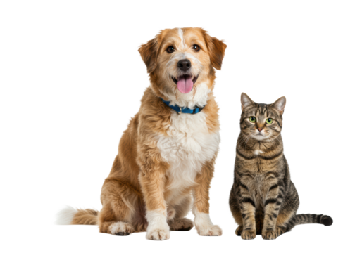 Happy light brown and white shaggy dog with blue collar, tongue out, sits beside a sleek brown tabby cat with green eyes, on an isolated clean white studio background with copy space, bright