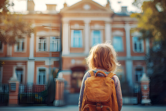 Little Girl With Backpack Heading To School On A Sunny Day