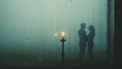A romantic and melancholic scene of a couple's silhouette seen through a rainy window, with a single candle burning in the foreground - Powered by Adobe