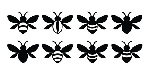 Eight stylized bees with different stripe patterns arranged in two rows displayed on white