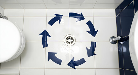 Conceptual depiction of a bathroom floor with arrows leading to a drain in a circular motion illustrating water flow and drainage idea