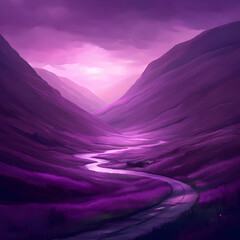Purple landscape with winding river and road between mountains.