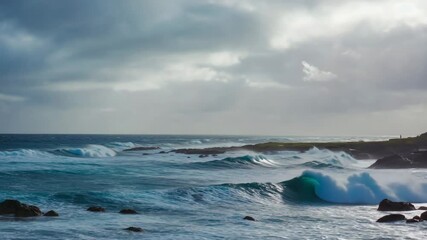 A dramatic view of a stormy sea with large, powerful waves rolling and crashing onto a rocky coastline under a dark, cloudy sky