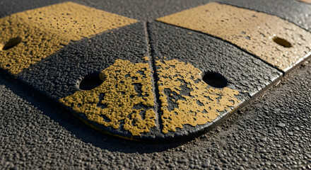 Close up of weathered speed bump showing wear and tear road safety device