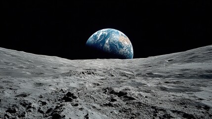 The surface of the moon displays its rugged terrain while Earth looms majestically in the background, showcasing vibrant blue oceans and white clouds against a black sky.