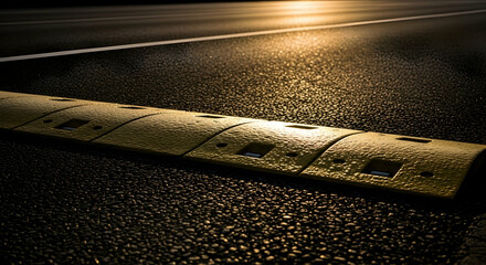 Close Up Of Yellow Speed Bump On Asphalt Road At Dusk or Sunrise