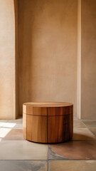 Rustic round wooden table placed in a sunlit minimalist room ideal for natural interior styling and design backgrounds.