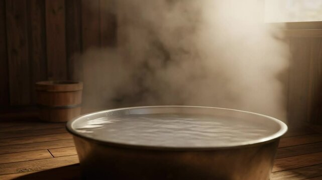 Metal basin with hot steaming water on a wooden floor in a rustic bathhouse. Photorealistic 3D scene with visible steam and warm lighting. Perfect for wellness visuals, bathing rituals, and spa-relate