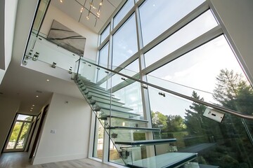 Fototapeta premium Modern Glass Staircase with Stunning Natural Light and Glass Railing in a Luxurious Home
