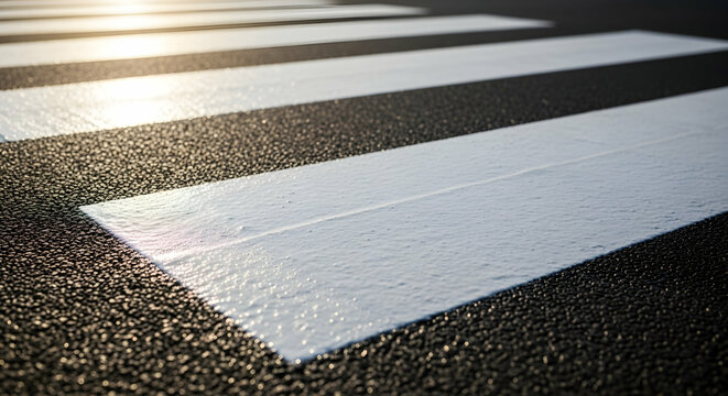Close up perspective of white pedestrian crosswalk on dark asphalt street surface markings for urban mobility and road safety