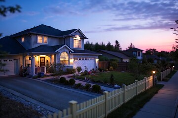 Naklejka premium Dream Home at Twilight: Suburban House Exterior with Warm Lighting and Colorful Sky
