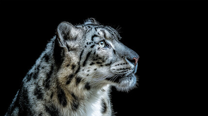 snow leopard gray cat on black background portrait