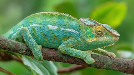 Obraz premium A colorful chameleon perches on a branch surrounded by lush green leaves, showcasing its striking blue and green hues. Sunlight illuminates its textured skin, creating a vibrant spectacle.