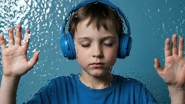 Autistic Child Boy with Headphones Behind Glass Video Footage Scene Symbolizing Sensory and Social Isolation