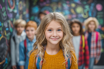 A lively back-to-school scene featuring smiling students with backpacks, surrounded by books and school supplies. 