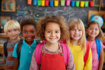 A lively back-to-school scene featuring smiling students with backpacks, surrounded by books and school supplies. 