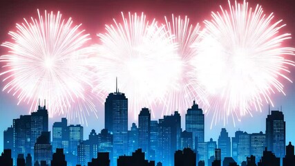 Blue and white fireworks shooting high over city skyscrapers with clean silhouettes against the night sky - Powered by Adobe
