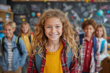 A lively back-to-school scene featuring smiling students with backpacks, surrounded by books and school supplies. 