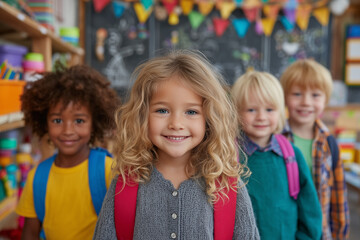 A lively back-to-school scene featuring smiling students with backpacks, surrounded by books and school supplies. 