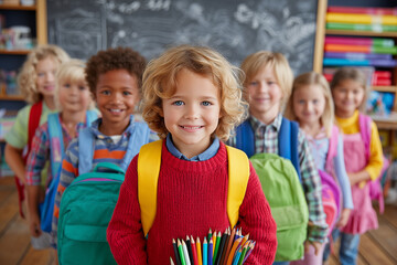 A lively back-to-school scene featuring smiling students with backpacks, surrounded by books and school supplies. 