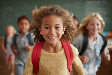 A lively back-to-school scene featuring smiling students with backpacks, surrounded by books and school supplies. 