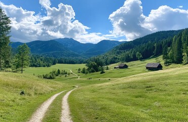 Fototapeta premium Sunny alpine meadow, winding path