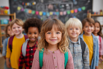 A lively back-to-school scene featuring smiling students with backpacks, surrounded by books and school supplies. 