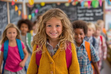 A lively back-to-school scene featuring smiling students with backpacks, surrounded by books and school supplies. 