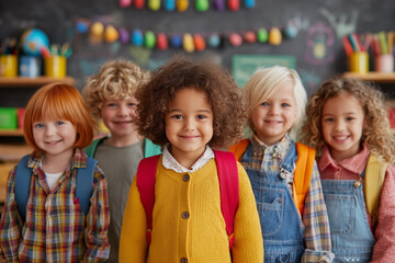 A lively back-to-school scene featuring smiling students with backpacks, surrounded by books and school supplies. 
