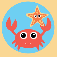 Happy crab and starfish cartoon illustration on sunny beach scene