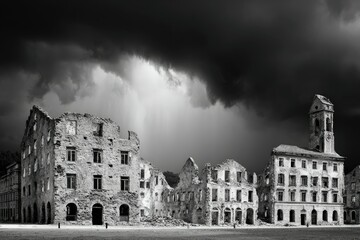 Ruined buildings under a stormy sky.