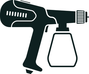 Professional electric paint sprayer featuring a small tank, spraying vibrant coloring liquid for painting walls and surfaces, presented as a simple black and white icon