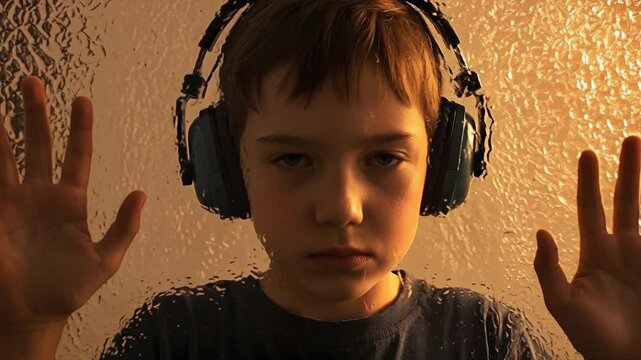Autistic Child Boy Behind Glass Opens Eyes Video Footage Scene Expressing Sensory Isolation and Awareness