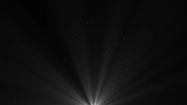 Seamless volumetric light from bottom in dark scene. White lamp rays shine on black background with floating backlit dust particles. Looped 3D animation in 4K for VFX overlays and design elements.