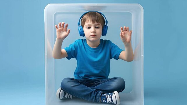 Autistic Child Boy in Transparent Box Video Footage Scene Representing Sensory Isolation and Emotional Separation