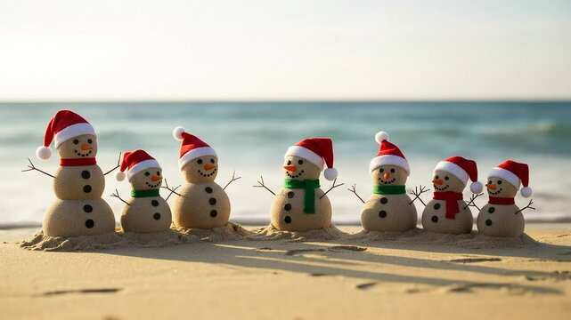 Group Of Sandy Snowmen Wearing Festive Hats And Scarves On A Sandy Beach Facing The Ocean