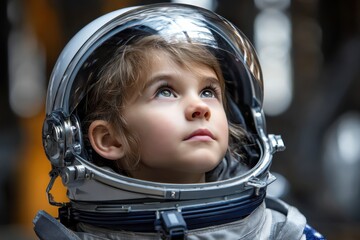 Young girl in astronaut suit gazing upwards with wonder in a futuristic environment