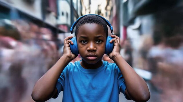 Autistic Black Child Boy Covering Ears in Busy City Video Footage Scene Showing Sensory Overload and Distress