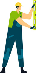 Construction worker wearing uniform and protective helmet using level tool measuring vertical surface, performing building tasks, ensuring precision and accuracy in construction site