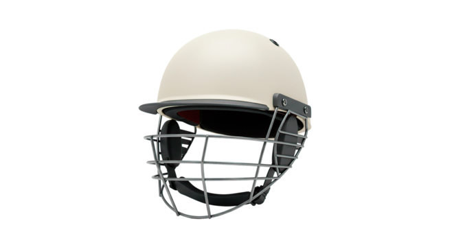 A white cricket helmet with a protective metal grill isolated on a black background.
