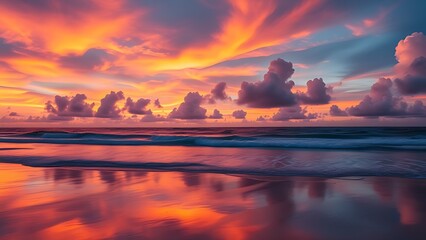 Tropical beach sunset with vibrant sky colors reflecting on wet sand and serene ocean.