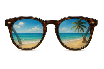 Sunglasses reflecting a serene tropical beach scene with palm trees and ocean waves, set against a transparent background