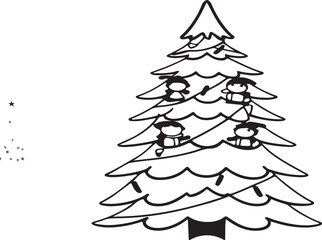 A festive set of vector white and black  Christmas trees, adorned with stars and colorful ornaments, perfect for holiday and New Year's celebrations